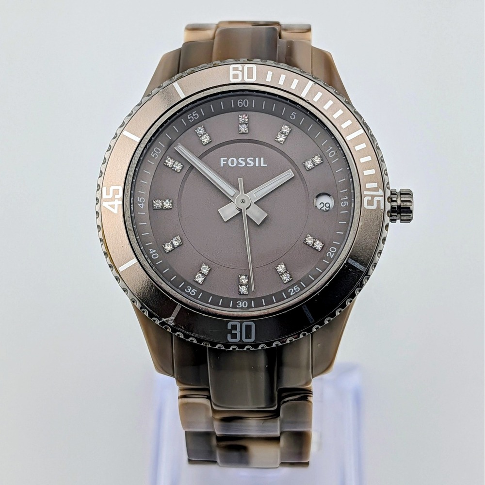 Fossil ES3089 Women's Taupe Gray Crystal Dial Lume Resin Bracelet Watch 38mm 6"